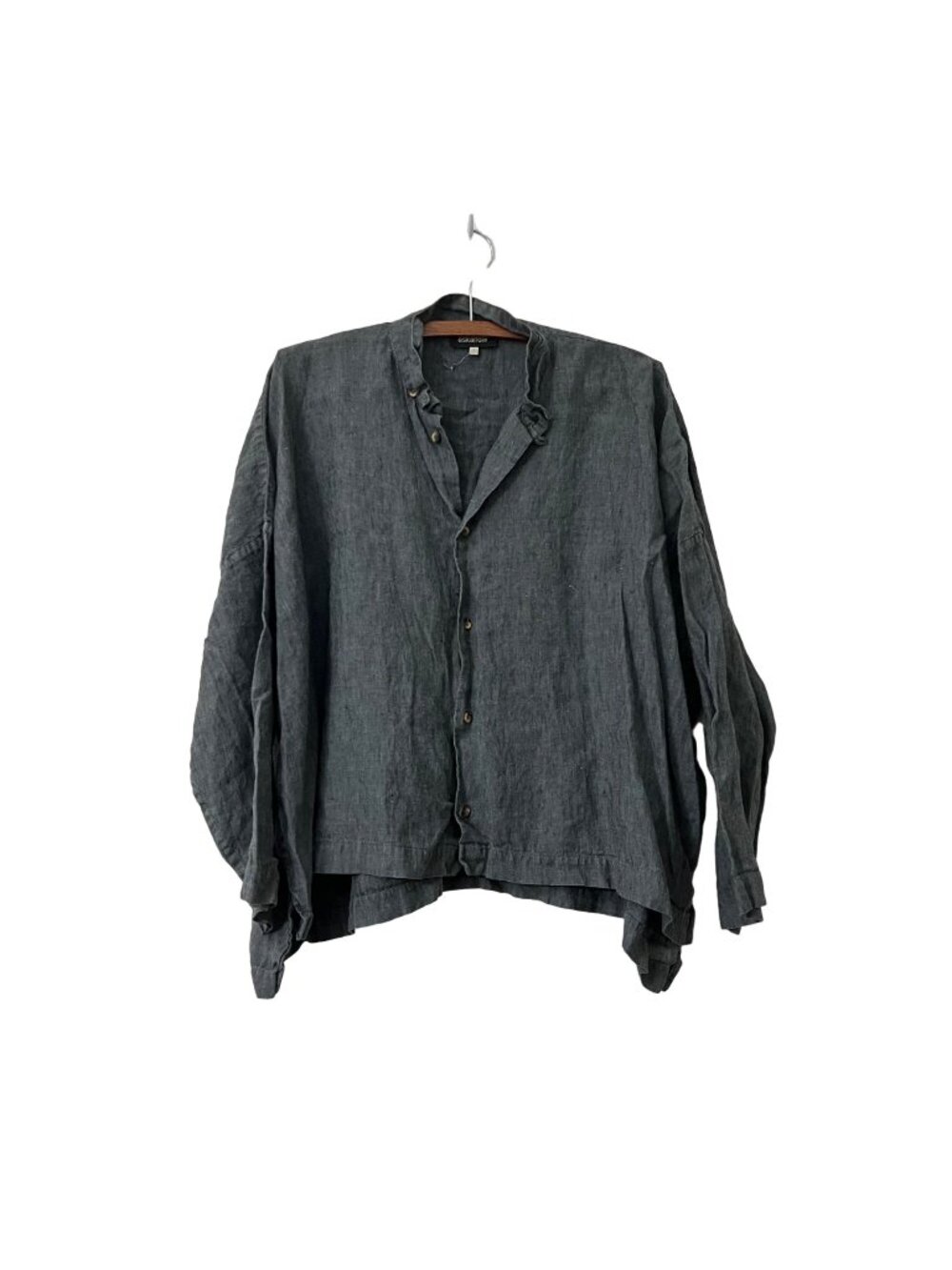 Eskandar Womens Charcoal Gray Textured Linen Boxy Cropped Button Shirt Size 1